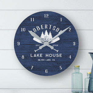 Rustic Family Lake House Navy Blue Wood Runde Wanduhr