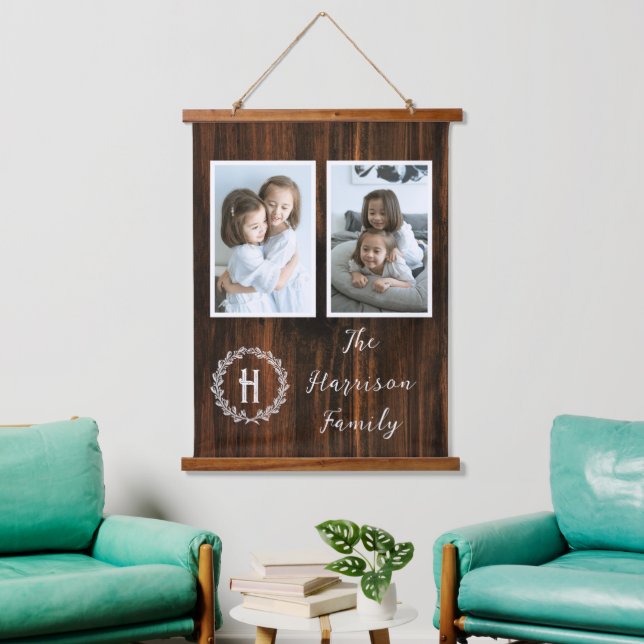 Rustic Family Monogram Foto Hangband Wandteppich Mit Holzrahmen (Wohnzimmer)