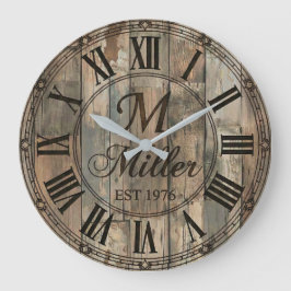 Rustic Family Monogram Wall Clock | Wood-Look  Große Wanduhr