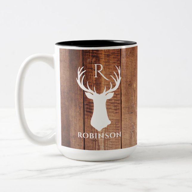 Rustic Family Monogram Wood Style Deer Antler Zweifarbige Tasse (Links)