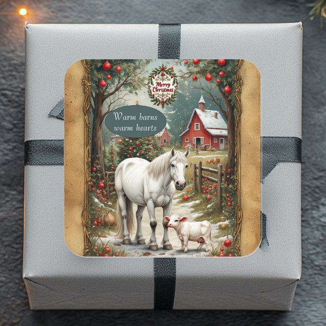 Rustic Farm Horse Lamb Red Barn Merry Christmas  Quadratischer Aufkleber (Rustic Farm Horse Lamb Red Barn Merry Christmas Square Sticker)