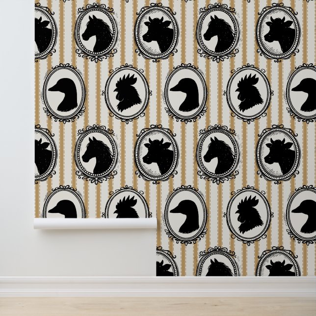 Rustic Farm Kitchen Barnyard Black & Khaki Stripe Tapete (Anwendung)