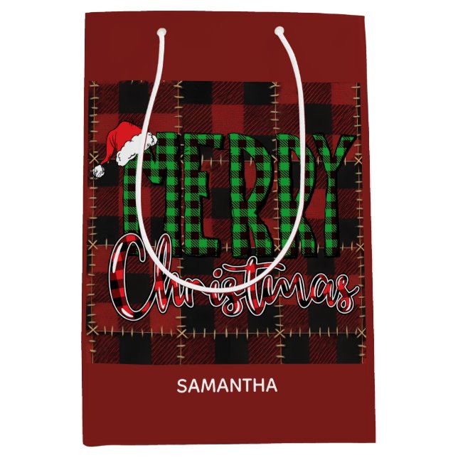 Rustic Farmhouse Buffalo Plaid Christmas Custom Mittlere Geschenktüte (Vorderseite)