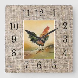 Rustic Farmhouse Country Rooster Burlap Quadratische Wanduhr