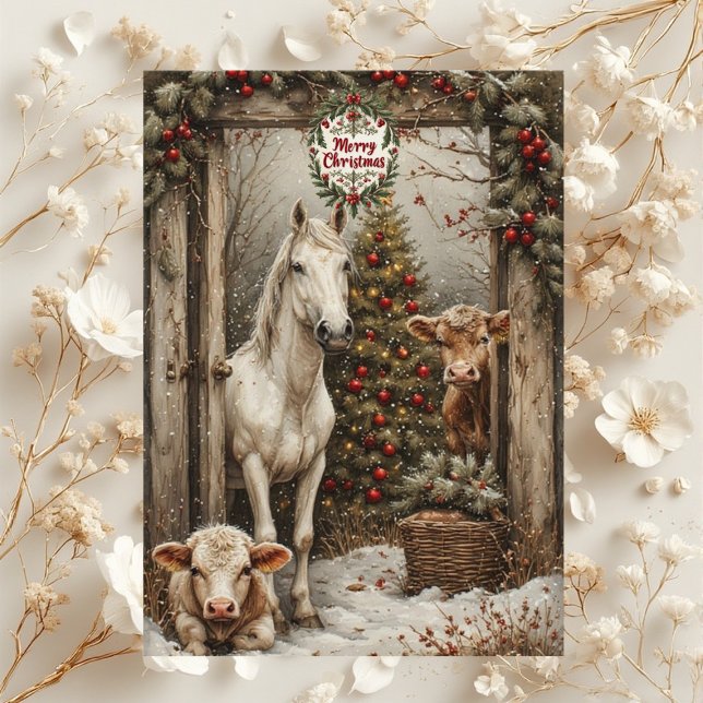Rustic Farmhouse Cow Horse Country Christmas Card  (Rustic Farmhouse Cow Horse Country Christmas Card)