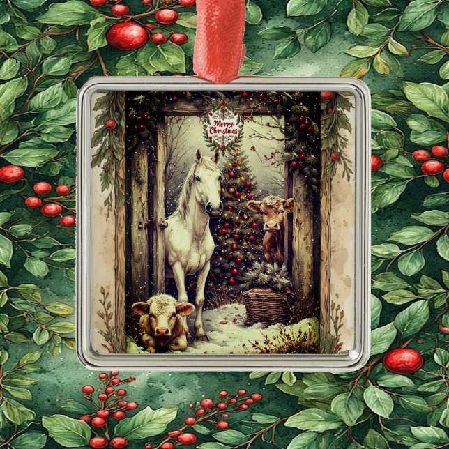 Rustic Farmhouse Cow Horse Country Christmas Rural Ornament Aus Metall (Rustic Farmhouse Cow Horse Country Christmas Rural Metal Ornament)
