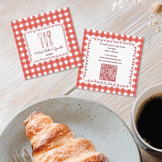 Rustic Farmhouse Gingham Bakery QR Code Quadratische Visitenkarte (Von Creator hochgeladen)