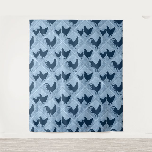 Rustic Farmhouse Hen Pattern – In Blue  Wandteppich (Vorderseite)
