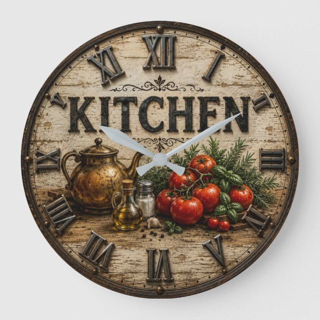 Rustic Farmhouse Kitchen Tomatoes & Herbs Vintage Große Wanduhr (Vorderseite)