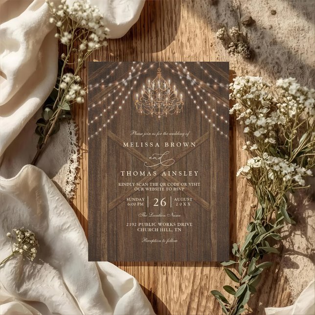Rustic Farmhouse Lights Vintage QR Code Wedding Einladung (Von Creator hochgeladen)