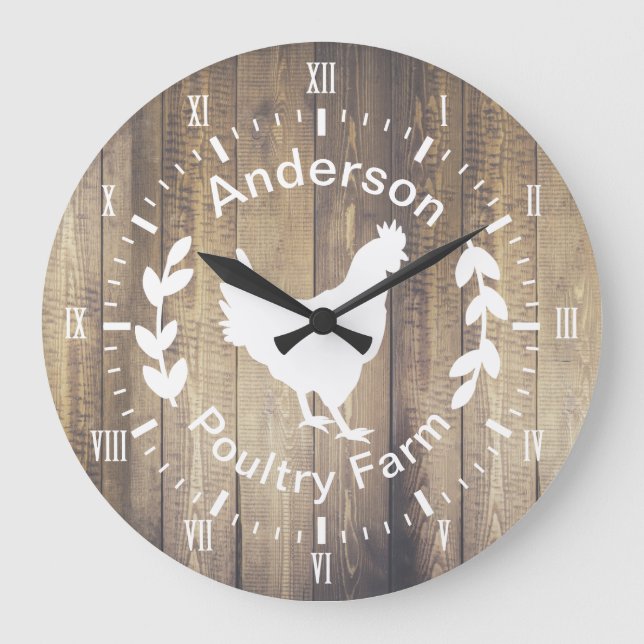 Rustic Farmhouse Poultry Farm Hen & Family Name Große Wanduhr (Vorderseite)