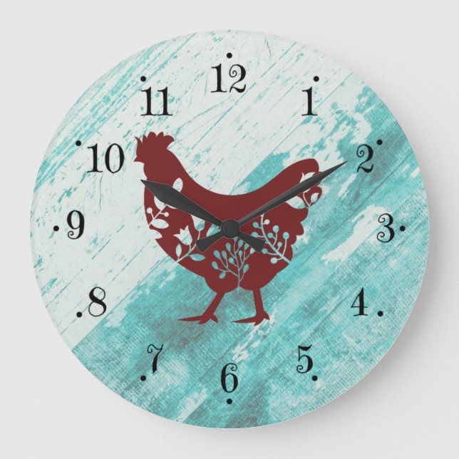 Rustic Farmhouse Red Chicken Faux Wood Wall Clock Große Wanduhr (Vorderseite)