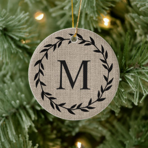 Rustic Farmhouse Style Burlap Holiday Monogrammed Keramik Ornament
