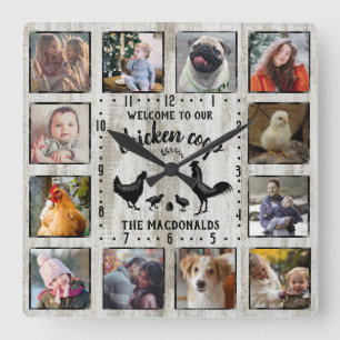 Rustic Farmhouse Wood Chicken Coop Photo Collage Quadratische Wanduhr