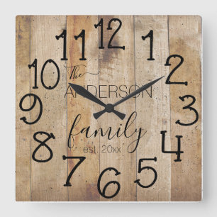 Rustic Faux Wood Barn Farmhouse Custom Family Name Quadratische Wanduhr
