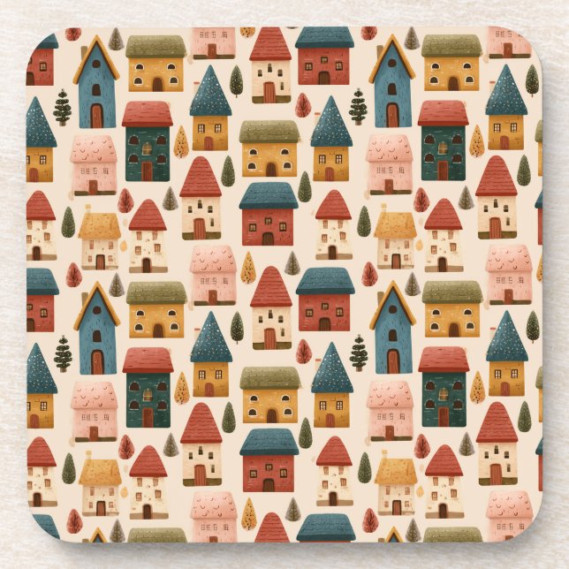 Rustic Festive Christmas Houses Seamless Pattern Getränkeuntersetzer (Vorderseite)