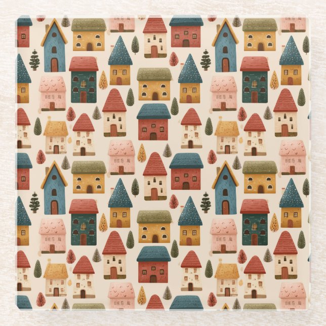Rustic Festive Christmas Houses Seamless Pattern Glasuntersetzer (Vorderseite)