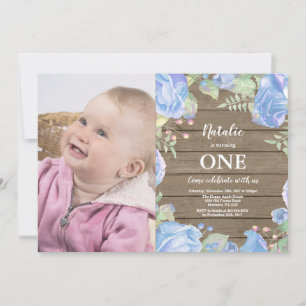 Rustic First 1. Geburtstagseinladung Blaue Blumenm Einladung