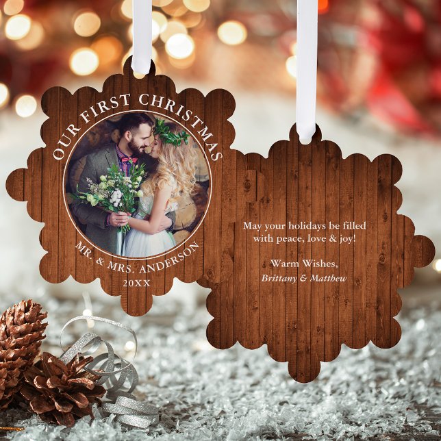 Rustic First Christmas Couple Foto Ornament Card (A greeting card that is also an ornament! Customize with your photo and personalized text.)