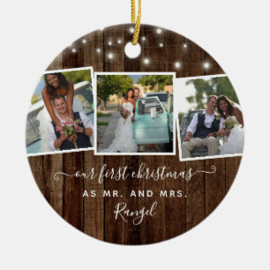 Rustic First Christmas Mr Mrs Photo Collage Lights Keramik Ornament