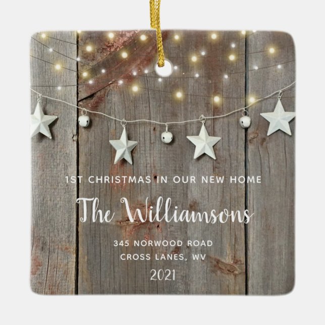 Rustic First Christmas New Zuhause Foto Wood Ornam Keramikornament (Vorderseite)