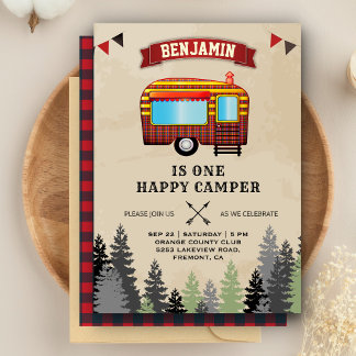 Rustic Flannel One Happy Camper 1st Birthday Party Einladung