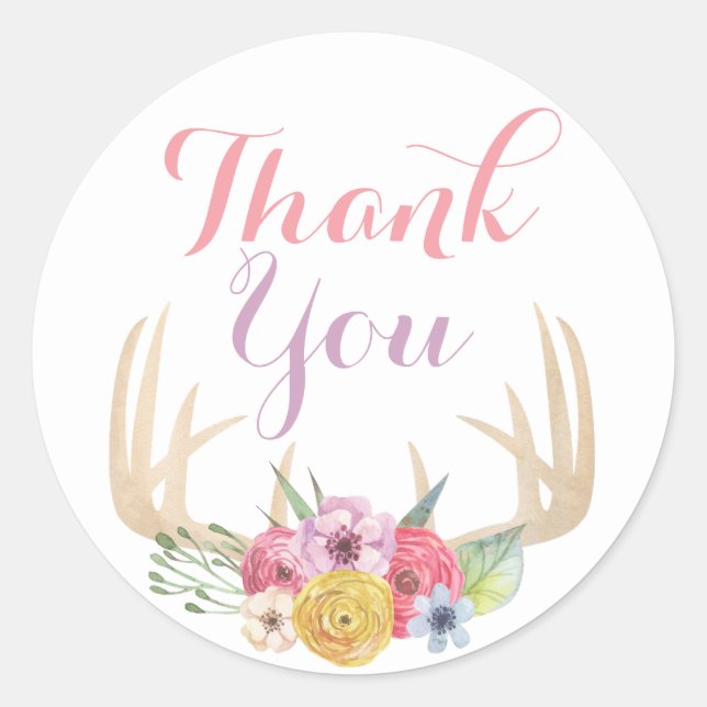 Rustic Floral Antlers Painted Watercolor Thank You Runder Aufkleber (Vorderseite)