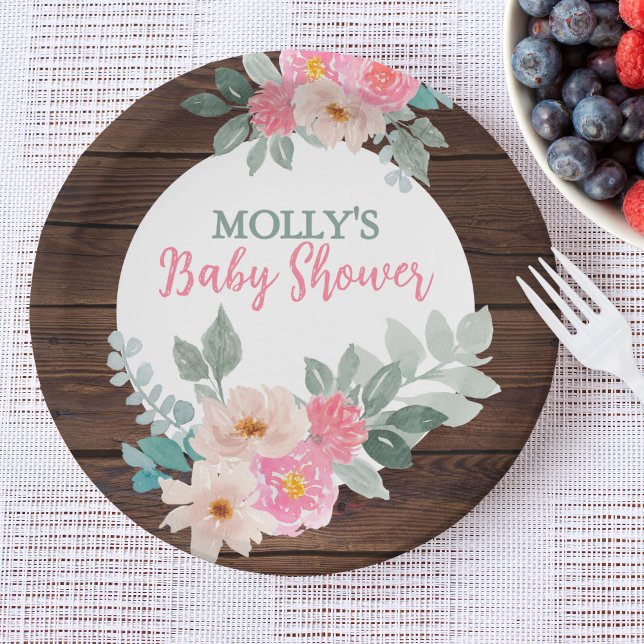 Rustic Floral Baby Shower Round Plate Pappteller (Von Creator hochgeladen)