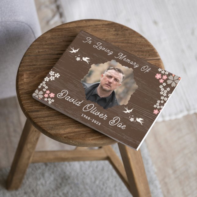 Rustic Floral Birds Custom Photo and Text Memorial Gästebuch (rustic guest books in loving memory sympathy remembrance forever in our hearts keepsake forever hear)