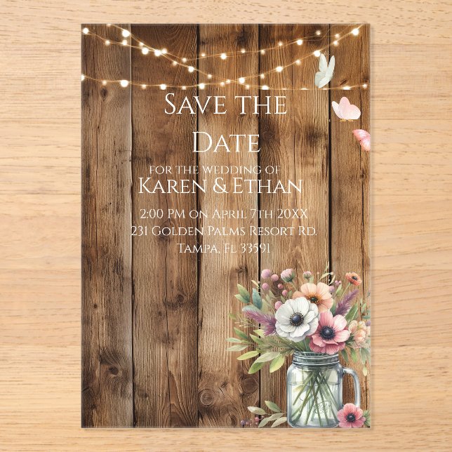 Rustic Floral Blossoms Save the Date Invitation  Acryleinladungen (Vorderseite)