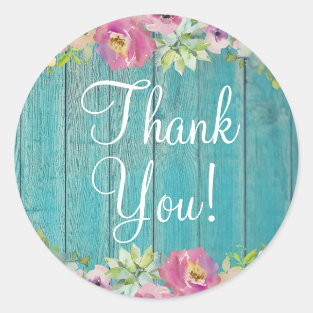 Rustic Floral Blue Wood Baby Dusche Vielen Dank Runder Aufkleber (Vorderseite)