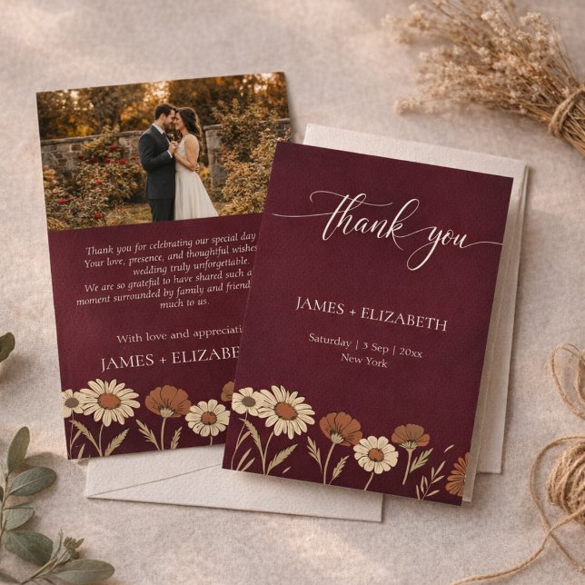 Rustic Floral Burgundy Wedding Dankeskarte (Von Creator hochgeladen)