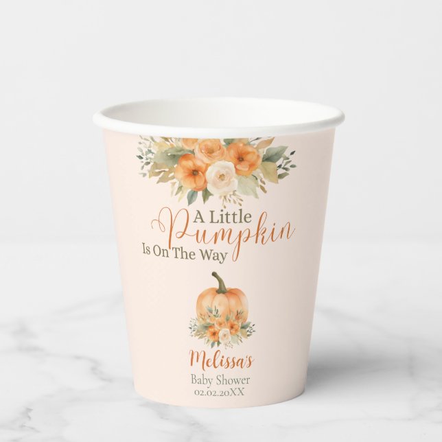 Rustic Floral Fall Orange Pumpkin Baby Shower Pappbecher (Vorderseite)