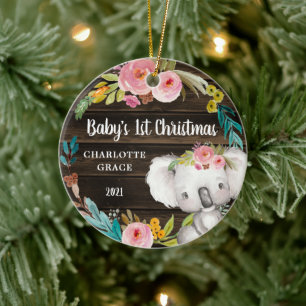 Rustic Floral Koala Baby's First Christmas Keramik Ornament