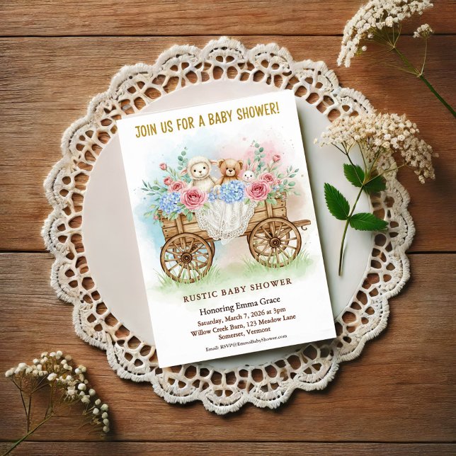 Rustic Floral Wagon Baby Shower Invitation Einladung (Von Creator hochgeladen)