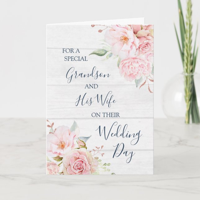 Rustic Floral Wedding Day Grandson and Wife card Dankeskarte (Vorderseite)
