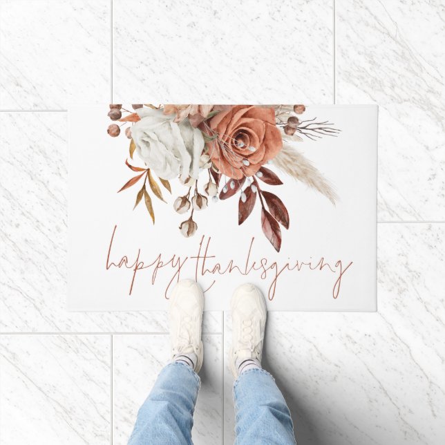 Rustic Florals Terracotta Happy Thanksgiving Fußmatte (Indoor)
