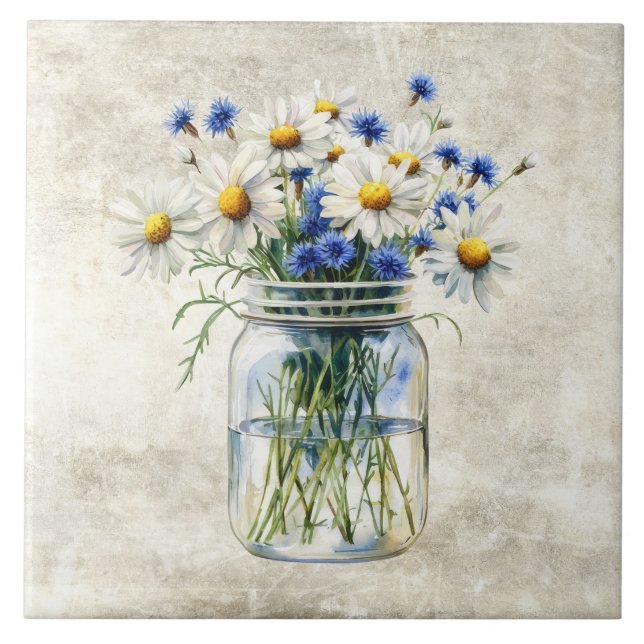 Rustic Flowers Daisies in Vintage Jar  Fliese (Vorderseite)
