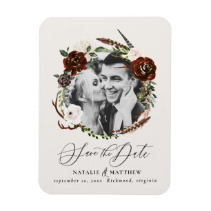 Rustic foliag, burgundy floral photo wedding magnet