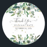 Rustic Foliage Blue Gum Eucalyptus Vielen Dank Runder Aufkleber<br><div class="desc">Rustikale Aquarellanlage aus blauem Kaugummi Eukalyptus,  waldgrünes Blattwerk. DIY-Veranstaltung oder einfach ein Dankeschön an Gastgeschenk Hochzeit Aufkleber mit lustigen und modernen handgeschriebenen Drehbuch-Schriftart in Imitate goldene Folie und DIY Hintergrund Farbe. Copyright © 2016-2020 Bombino Designs™. Alle Rechte vorbehalten.</div>