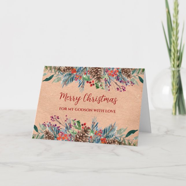 Rustic Foliage Godson Frohe Weihnachten Karte (Vorderseite)