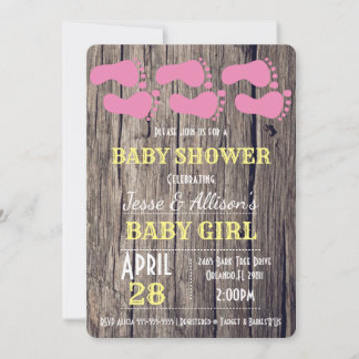Rustic Foot Prints Baby Girl Babydusche lädt ein Einladung