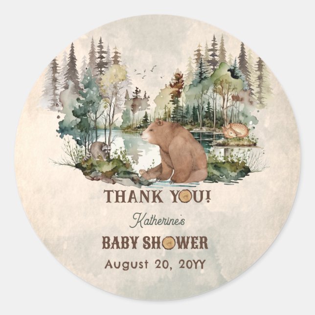 Rustic Forest Bearly Wait Baby Dusche Vielen Dank Runder Aufkleber (Vorderseite)