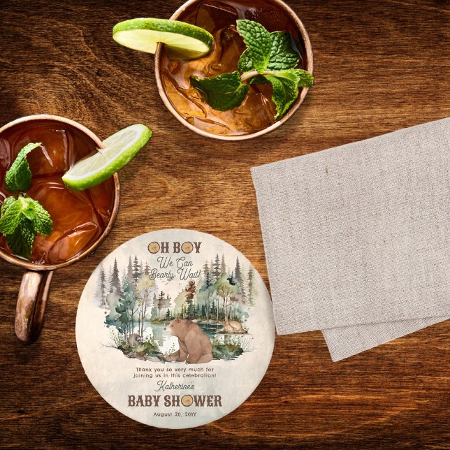Rustic Forest Bearly Wait Baby Dusche Vielen Dank Runder Pappuntersetzer ("Oh Boy We Can Bearly Wait!" Rustic Woodland Bear and Forest Animals Baby Shower Round Coasters)