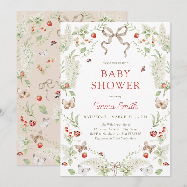 Rustic Forest Floral Bow Neutral Baby Shower Einladung (Vorne/Hinten)