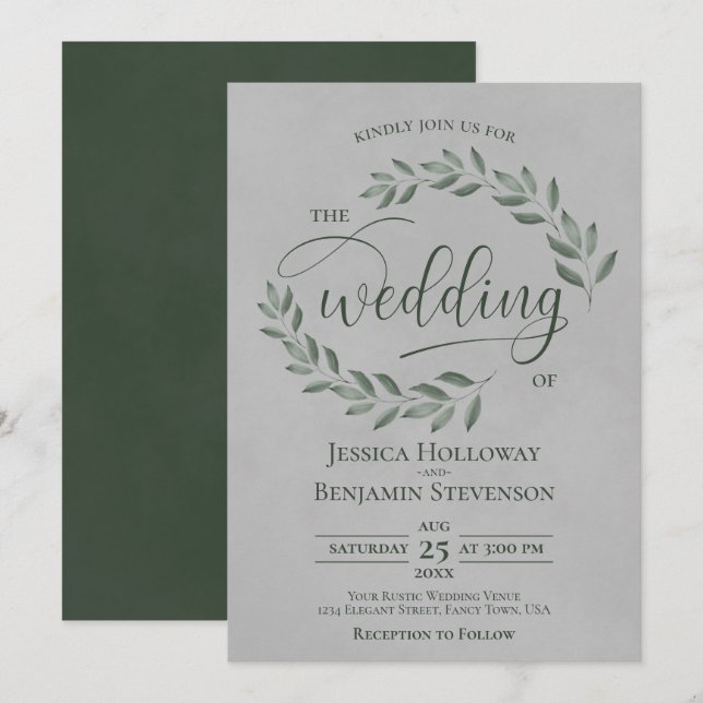 Rustic Forest Green Leaves Elegant Gray Wedding Einladung (Vorne/Hinten)