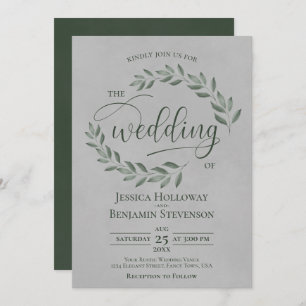 Rustic Forest Green Leaves Elegant Gray Wedding Einladung