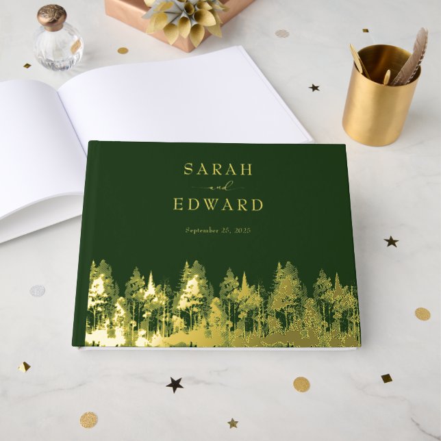 Rustic Forest Wedding Gold Foil Gästebuch (Vorderseite offen)