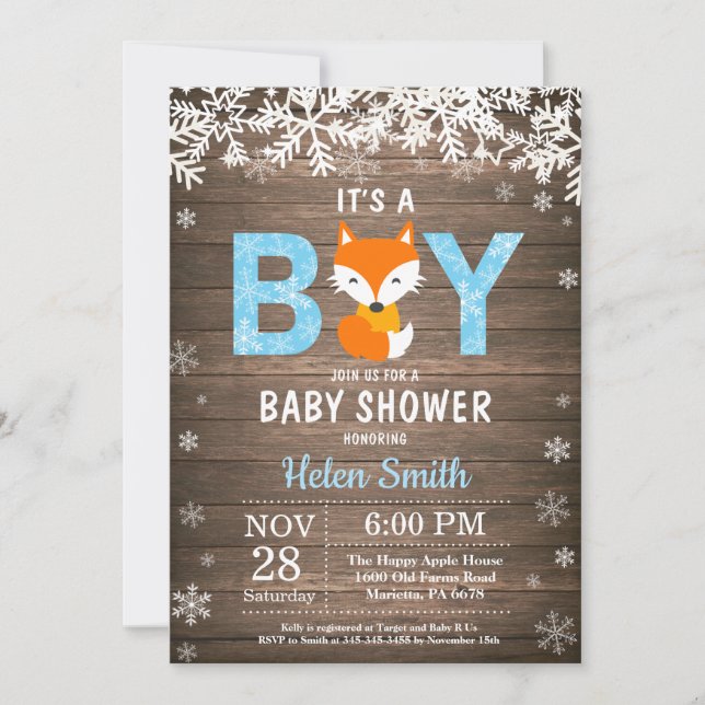Rustic Fox Winter Boy Baby Dusche Einladung (Vorderseite)