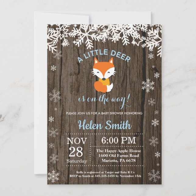 Rustic Fox Winter Boy Baby Dusche Einladung (Vorderseite)